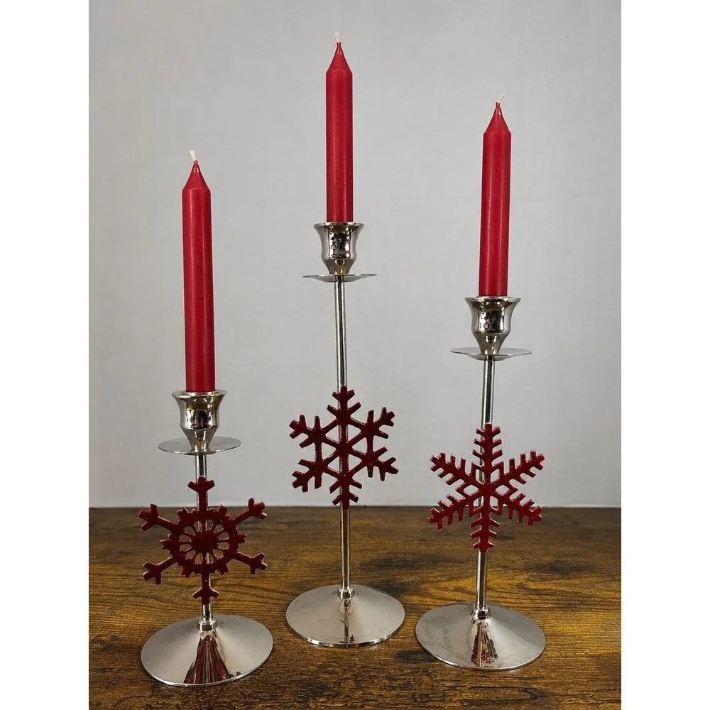 International Silver Red Snowflake Candle Holders Set 3 Christmas Holiday Decor